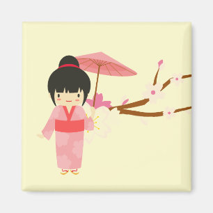 Cute Japansk rosa Cherry Blommar Geisha Magnet