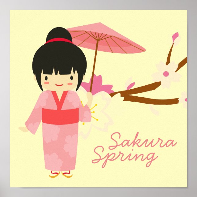 Cute Japansk rosa Cherry Blommar Geisha Poster (Framsidan)