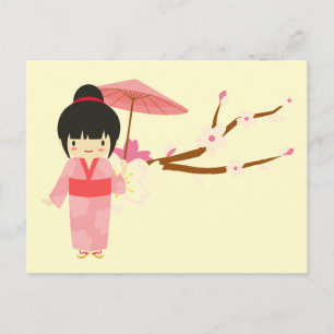 Cute Japansk rosa Cherry Blommar Geisha Vykort