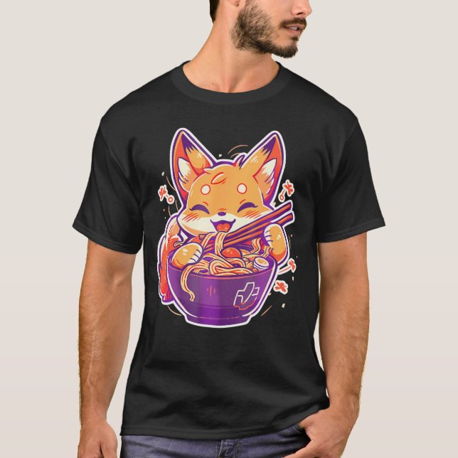 Cute Japanska Anime Kawaii Fox Eating Ramen Girls T Shirt (Framsida)