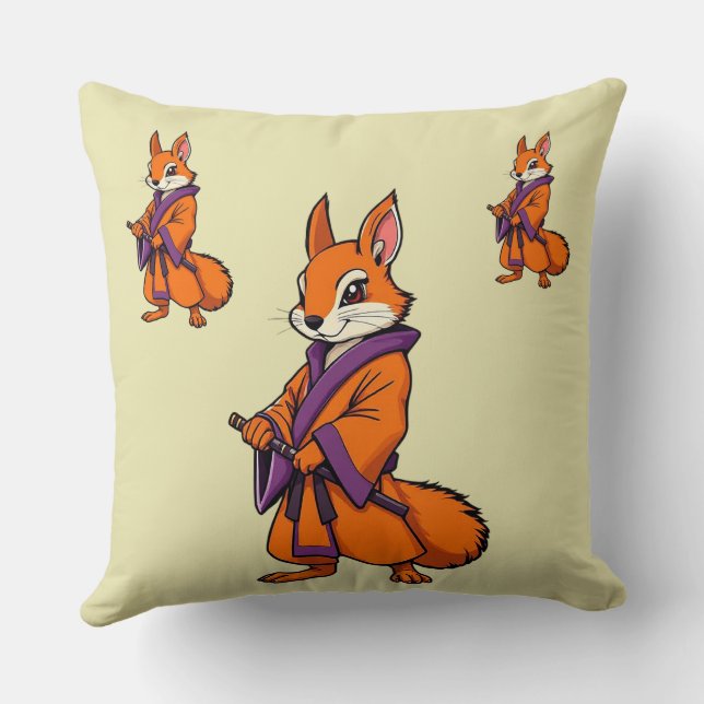 Cute Japanska Samurai Squirrel Kudde (Baksida)