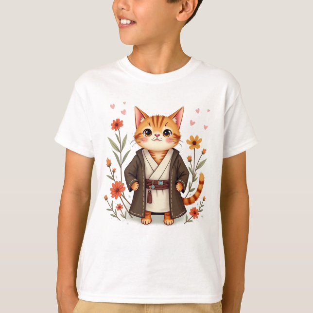 Cute Jedi Cat T-Shirt - Blommigt Space Warrior Kat (Framsida)