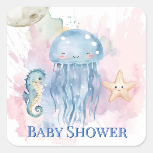 Cute Jellyfish and Friends Pastel Baby Shower Fyrkantigt Klistermärke