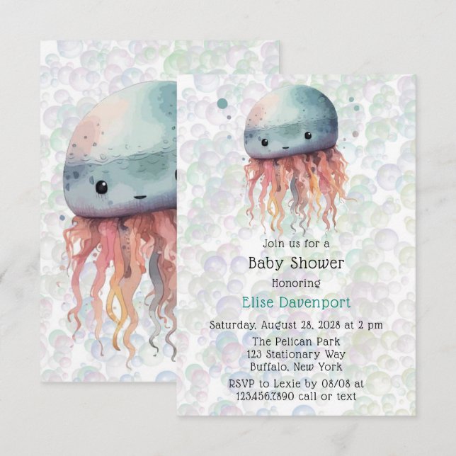 Cute Jellyfish Bubbles Neutralt Baby Shower inbjud Tack Kort (Fram/baksida)