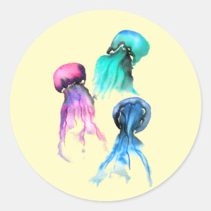 Cute jellyfish trio vattencolor art runt klistermärke