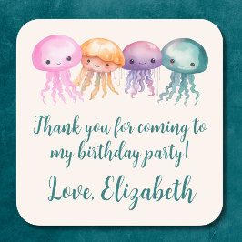 Cute Jellyfish under Sea Birthday Tack Fyrkantigt Klistermärke