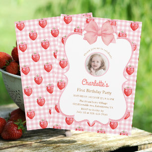 Cute jordberry 1:a födelsedagarinbjudan med foto inbjudningar