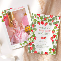 Cute jordgubbar blommigt röd bäck 1 födelsedag