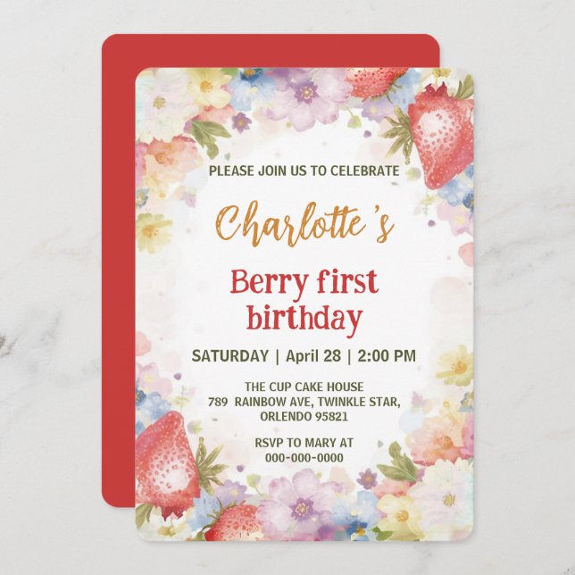 Cute jordgubbar, regnbåge, mönster 1:a födelsedag inbjudningar (Fram/baksida)