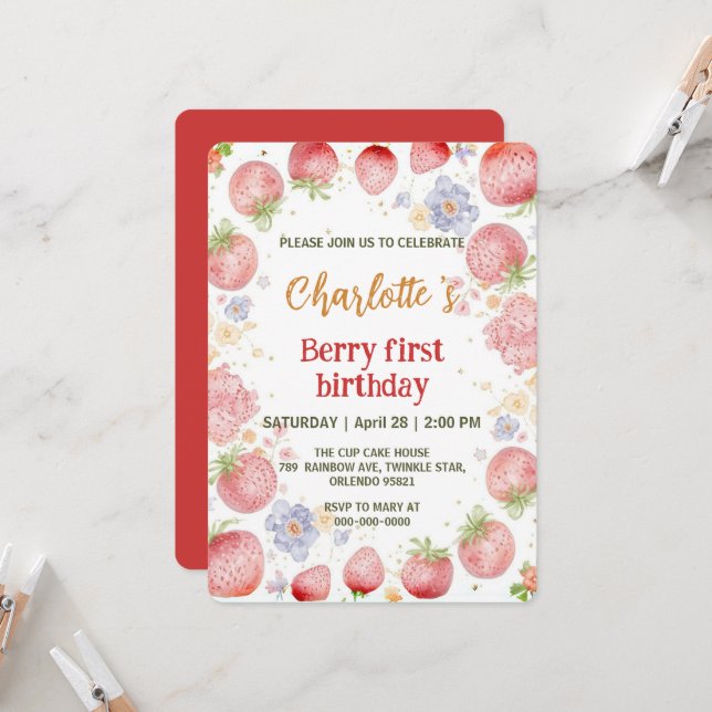 Cute jordgubbar, regnbåge, mönster 1:a födelsedag inbjudningar (Fram/Back In Situ)
