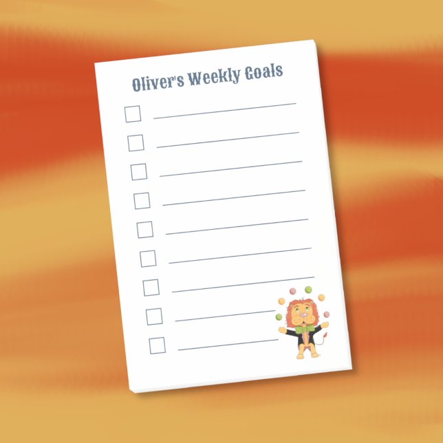 Cute Juggler Lion Kid Weekly Goals Notes Post-it Block (Cute cartoon juggling lion kid personalized sticky notes )