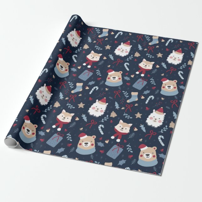 Cute Jul Animals Presentpapper (Utrullad)