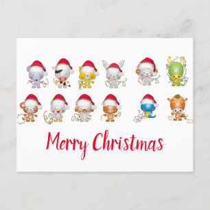 Cute Jul Animals Santa Hat Helg Vykort