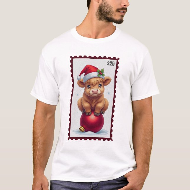 Cute jul Baby Cow med Santa Hat Sitta på T Shirt (Framsida)