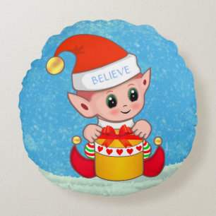 Cute Jul Baby Elf på Light Blue Round Pillow Rund Kudde