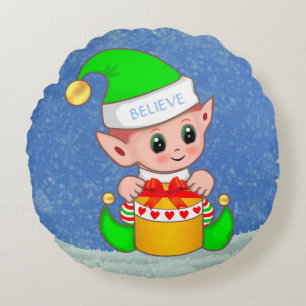 Cute jul Baby Elf på Light Blue Rund Kudde
