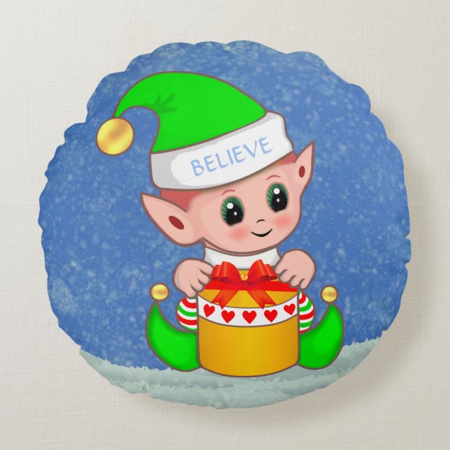 Cute jul Baby Elf på Light Blue Rund Kudde (Framsidan)
