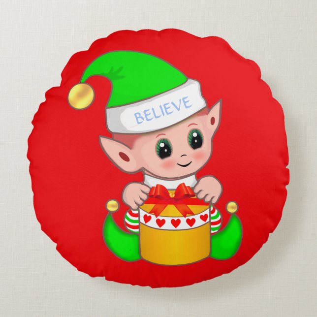Cute jul Baby Elf på Red Rund Kudde (Framsidan)