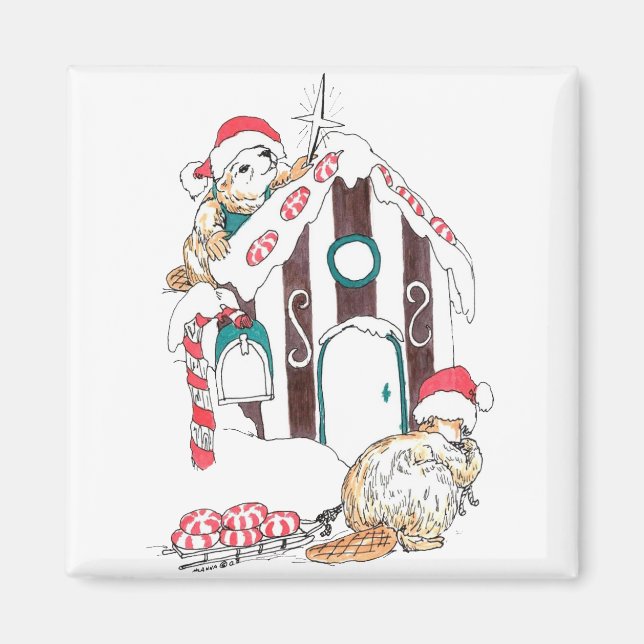 Cute jul Beaver Chalet Decoration Designad Magnet (Framsidan)