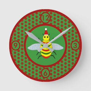 Cute Jul Bee och Poinsettia Flowers Rund Klocka