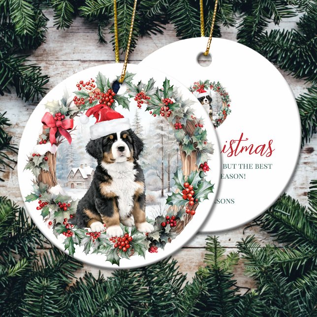 Cute Jul Bernese-berget gör valp tomhatt Julgransprydnad Keramik (Cute Christmas Bernese mountain do puppy Santa hat Ceramic Ornament)