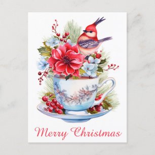 Cute jul Bird Holly Blommigt Tekopp Tea Vykort
