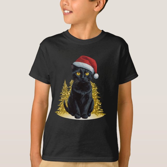 Cute jul Black Cat i Santa Hat Led Ljus T Shirt (Framsida)