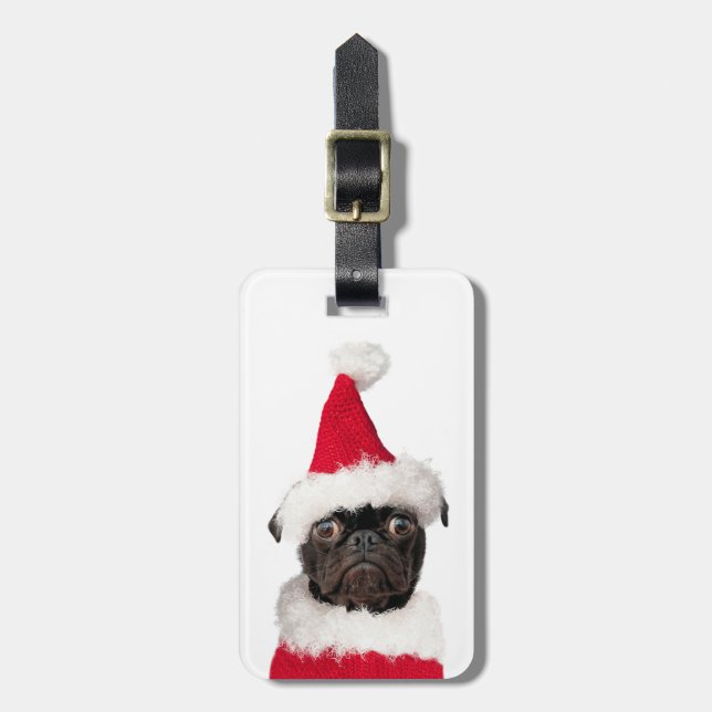 Cute jul Black Pug Puppy Santa Hat Bagagebricka (Vertikal Framsida)