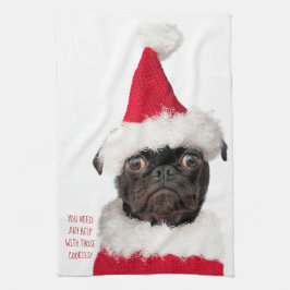 Cute jul Black Pug Puppy Santa Helper Kökshandduk