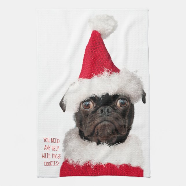Cute jul Black Pug Puppy Santa Helper Kökshandduk (Vertikal)
