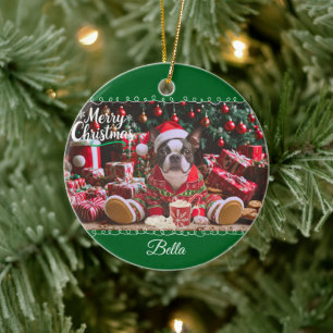 Cute jul Boston Terrier Pajamas Personlig Julgransprydnad Keramik