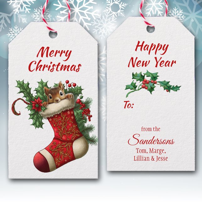 Cute jul Brown Squirrel Peeking Presentetikett (Skapare uppladdad)