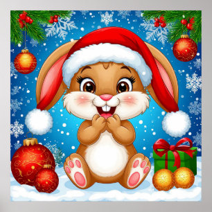 Cute Jul Bunny Wearing Santa Hat Poster