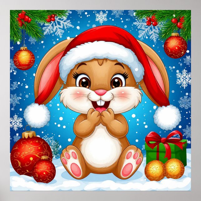 Cute Jul Bunny Wearing Santa Hat Poster (Framsidan)