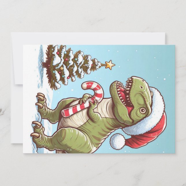 Cute Jul candy cane dinosaur Julkort (Framsida)