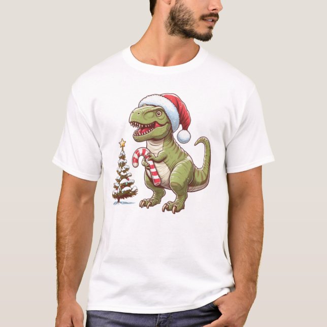 Cute Jul candy cane dinosaur T Shirt (Framsida)