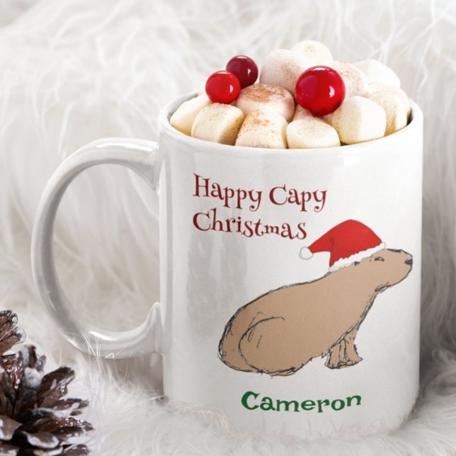 Cute jul Capybara Animal Santa Hat Kaffemugg (This cute capybara Christmas mug features my hand-drawn animal in a Santa Hat and retro typography.)