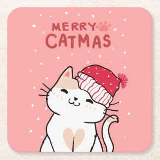 Cute Jul Cat Merry Catmas Santa Hat Kitten Underlägg Papper Kvadrat