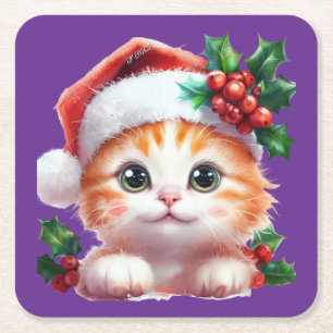 Cute Jul Cat Ornament - Festive Helgdag Gift Underlägg Papper Kvadrat