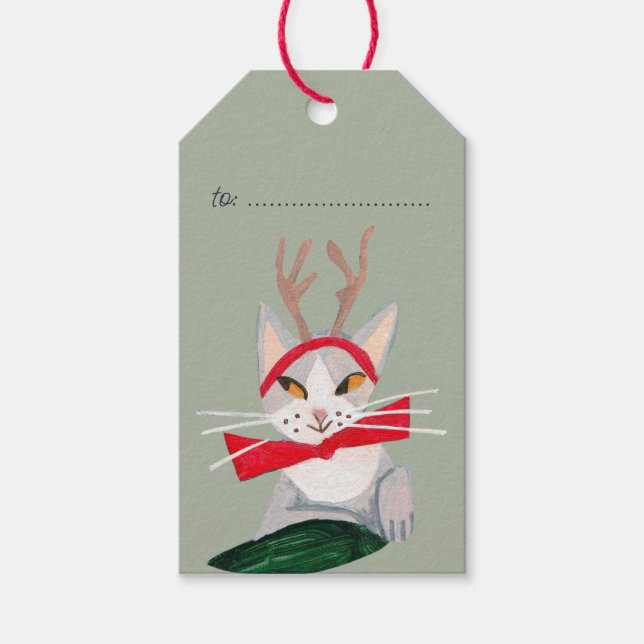 Cute Jul Cat renar Helgdag Presentetikett (Framsidan)