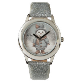 Cute jul Cat Snögubbe Watercolor Whimsical Armbandsur