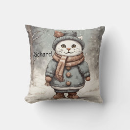 Cute jul Cat Snögubbe Watercolor Whimsical Kudde