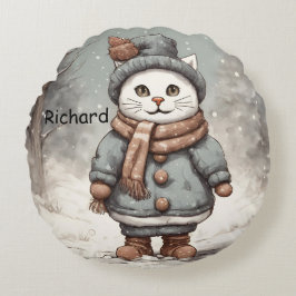 Cute jul Cat Snögubbe Watercolor Whimsical Rund Kudde
