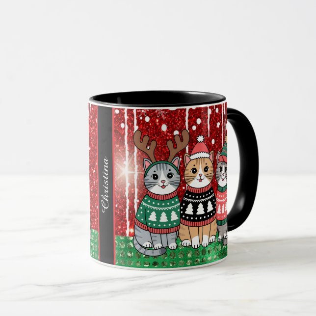 Cute jul Cats Personlig Namn Mugg (Framsida höger)