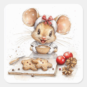 Cute Jul Chef Mouse Fyrkantigt Klistermärke