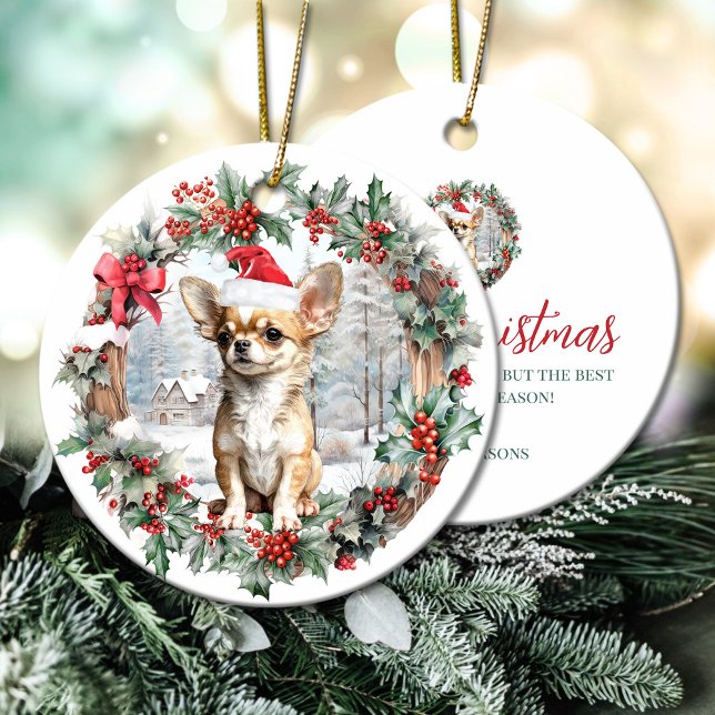 Cute jul Chihuahua hund puppy Santa hat Julgransprydnad Keramik (Cute Christmas Chihuahua dog puppy Santa hat Ceramic Ornament)