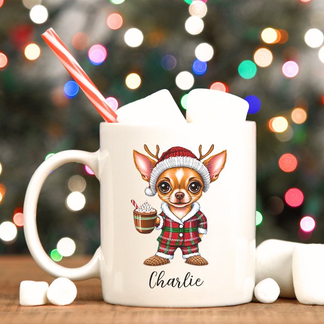 Cute jul Chihuahua med Reindeer Antlers Mugg (Chihuahua personalized Christmas mug.)