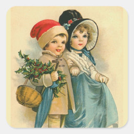 "Cute Jul Children" Fyrkantigt Klistermärke
