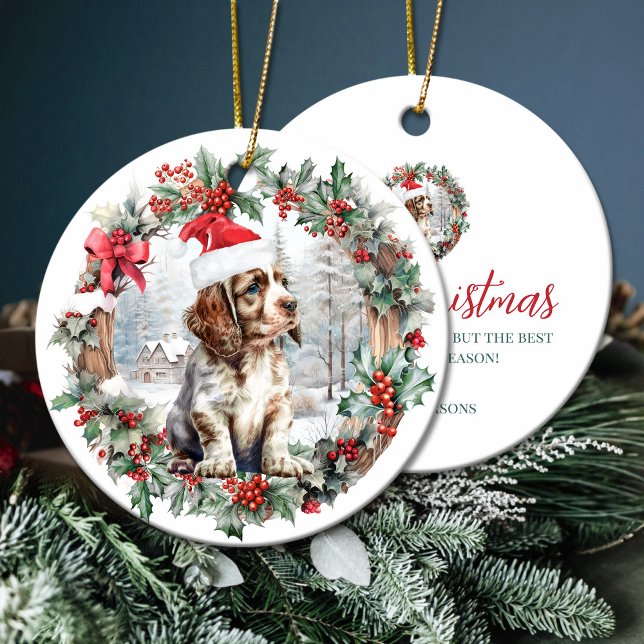 Cute jul Cocker spaniel hund puppy Santa hat Julgransprydnad Keramik (Cute Christmas Cocker spaniel dog puppy Santa hat Ceramic Ornament)