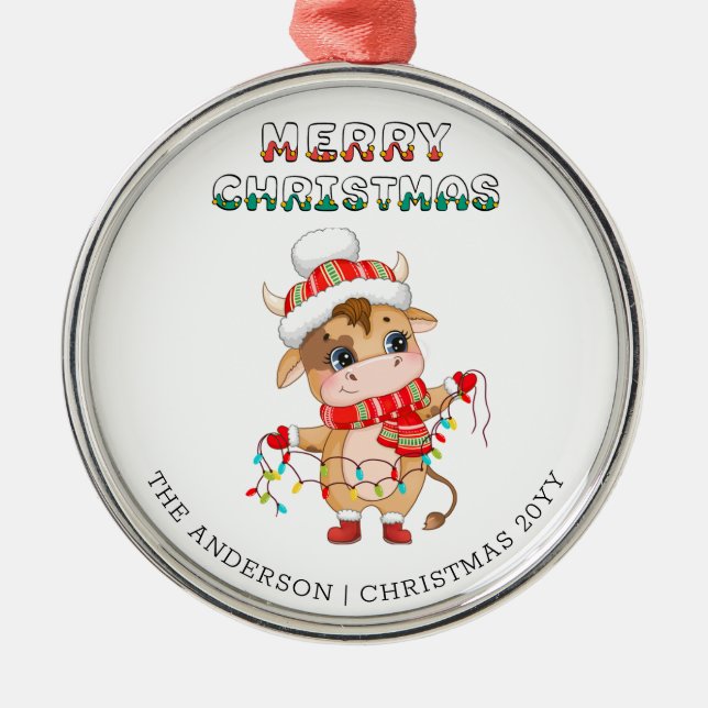 Cute Jul Cow med vinterkostym Julgransprydnad Metall (Framsidan)